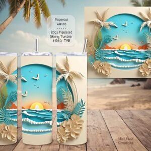 Beautiful Skinny Tumbler: 3D Papercut Waves Design for Beach Lovers