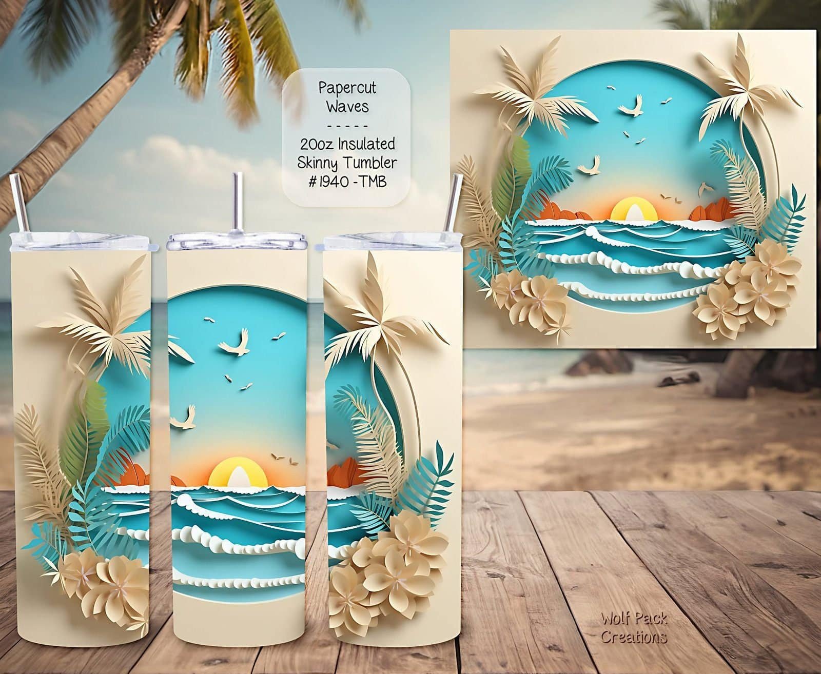 Beautiful Skinny Tumbler: 3D Papercut Waves Design for Beach Lovers