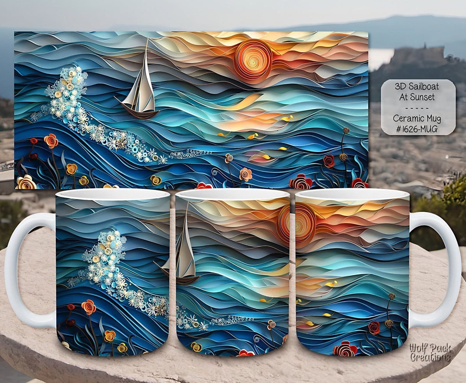 Beautiful 3D Sailboat at Sunset Design on a Ceramic Mug
