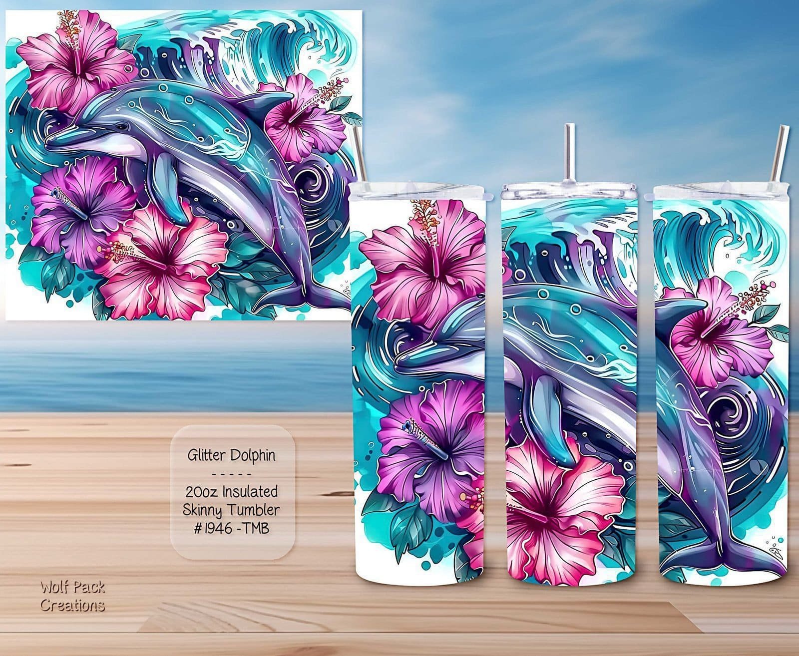 Beautiful Skinny Tumbler featuring Dolphin and Flowers Design