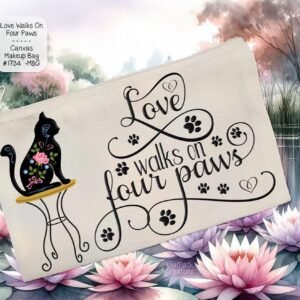 White Polyester Zipper Pouch: Beautiful Cat Design, Love Walks on Four Paws