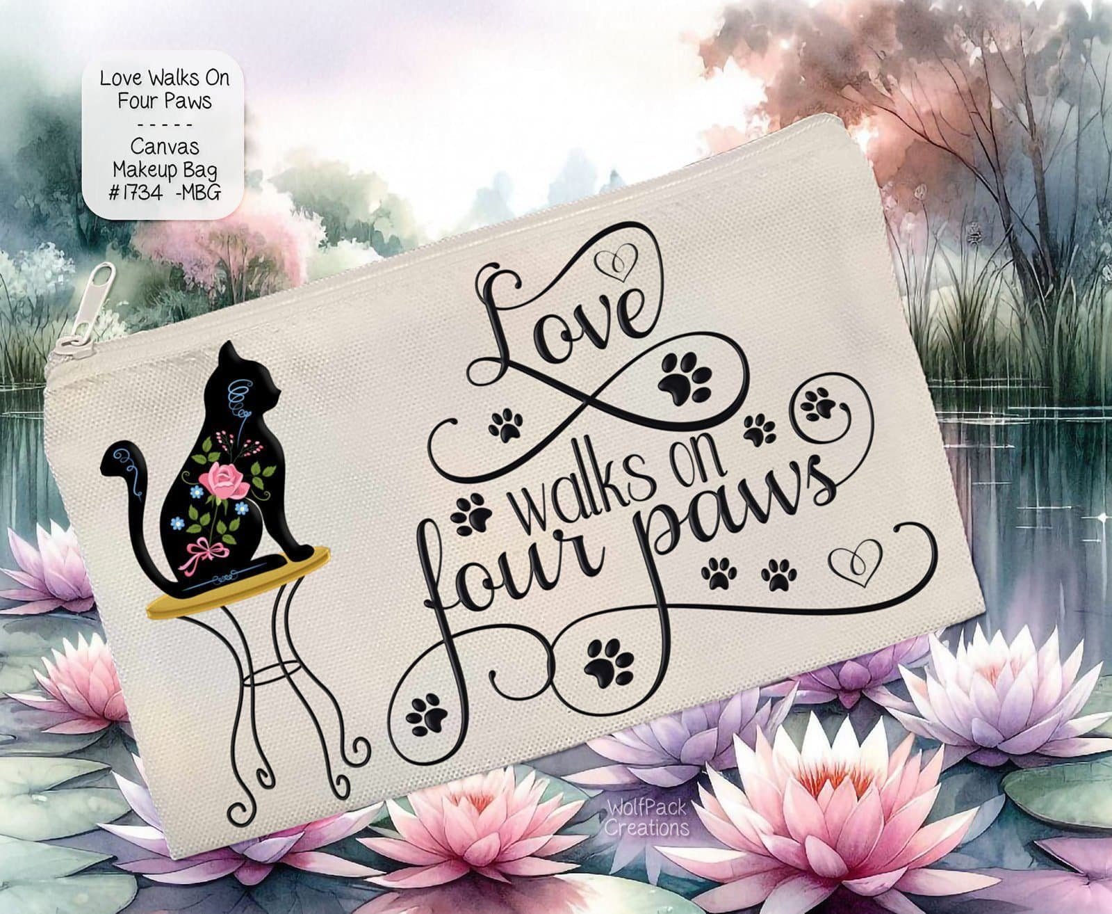 White Polyester Zipper Pouch: Beautiful Cat Design, Love Walks on Four Paws