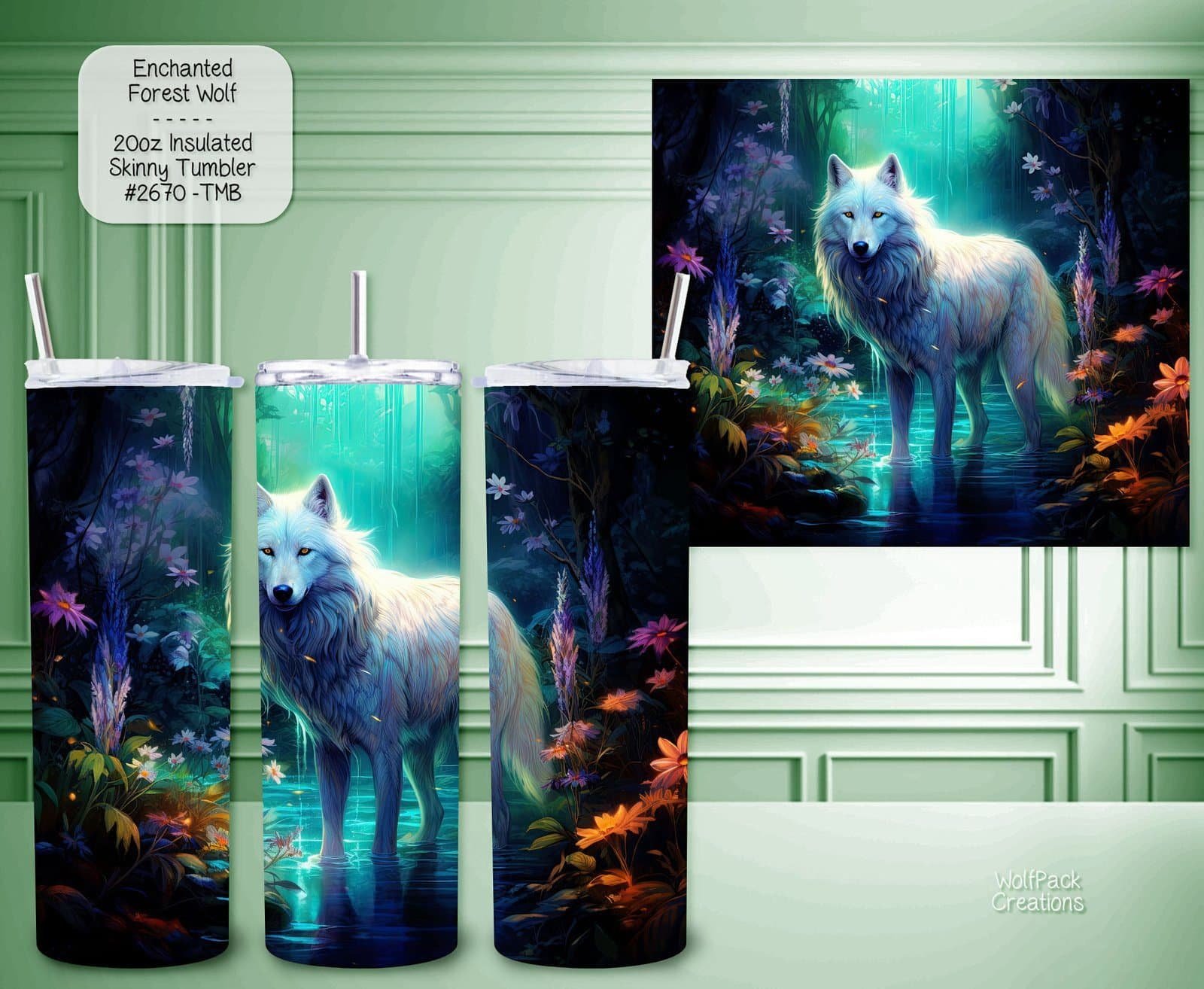 Stainless Steel Insulated Tumbler: Beautiful Enchanted Forest Wolf