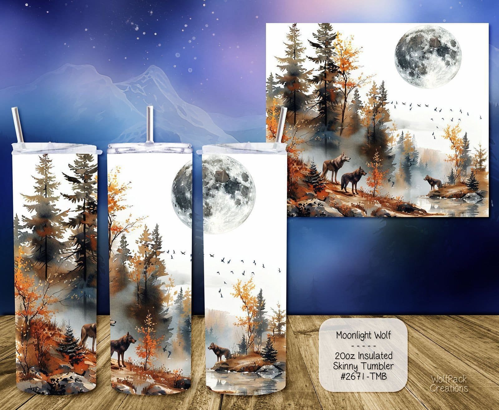 Stainless Steel Insulated Tumbler: Beautiful Moonlight Wolf
