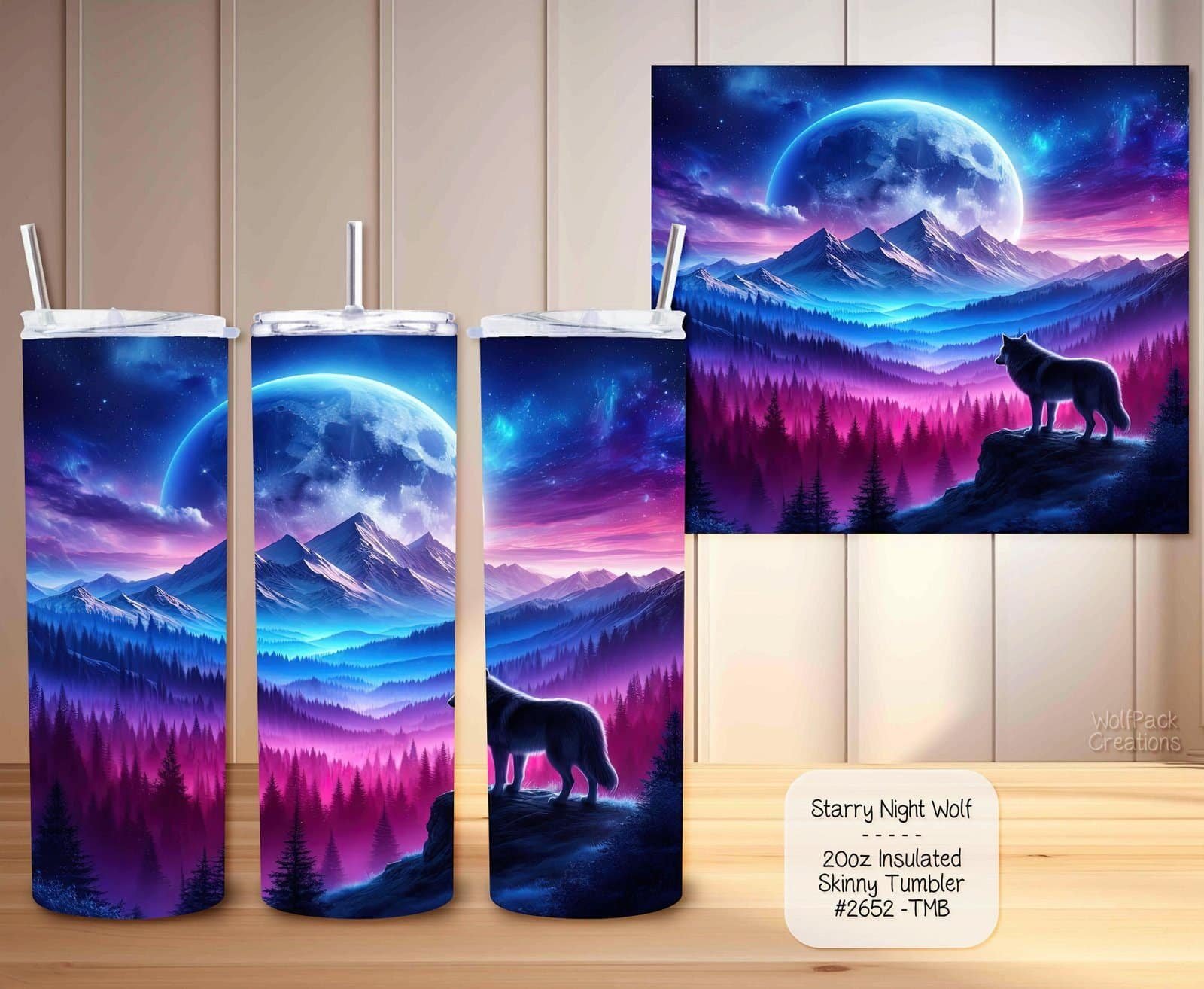 Stainless Steel Insulated Tumbler: Beautiful Starry Night Wolf