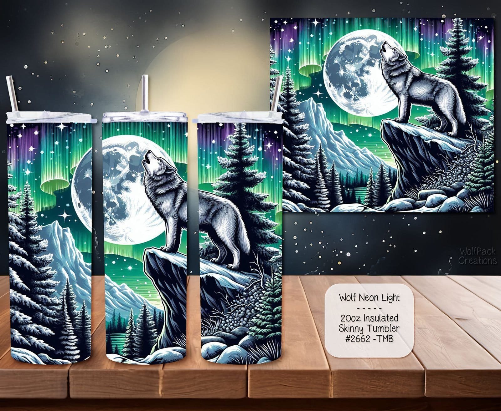 Stainless Steel Insulated Tumbler: Beautiful Wolf with Neon Light