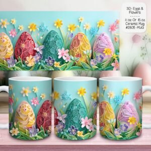 Three tumblers displaying brightly painted pastel Easter eggs hidden among tall green grass and spring flowers.