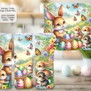 Three tumblers showing a busy, detailed cartoon scene of multiple bunnies painting and hiding Easter eggs in a garden.