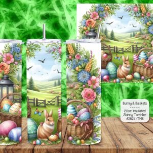 Three tumblers displaying a scenic view of a sunny green meadow with bunnies and scattered Easter eggs.