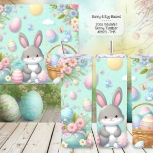 Three tumblers showing a cute cartoon bunny sitting in a field of wildflowers with the text "Happy Easter".