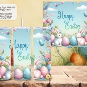 Three tumblers with soft watercolor "Happy Easter" typography alongside faint bunny and egg graphics.