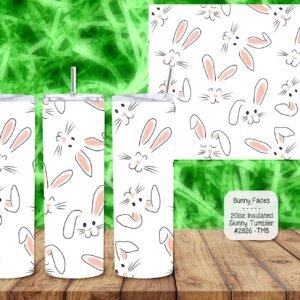 Three tumblers featuring a simple line-art style pattern of white bunnies, flowers, and carrots on a white background.