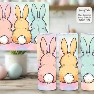 Three tumblers showing a minimalist design of pastel pink, blue, and yellow bunny silhouettes seen from the back.