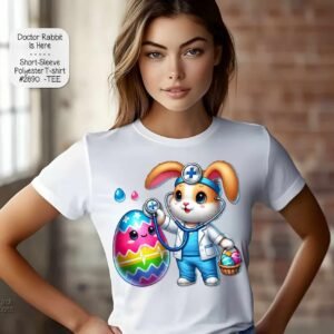 A mockup of a woman wearing a white t-shirt featuring a cute cartoon bunny holding a brightly painted Easter egg.
