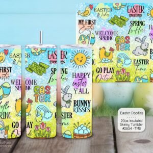 Three tumblers showing a bright cartoon scene with an Easter bunny, hatching chicks, decorated eggs, and "Happy Easter".