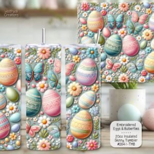 Three tumblers featuring a rustic, vintage-style pattern of clustered Easter eggs.