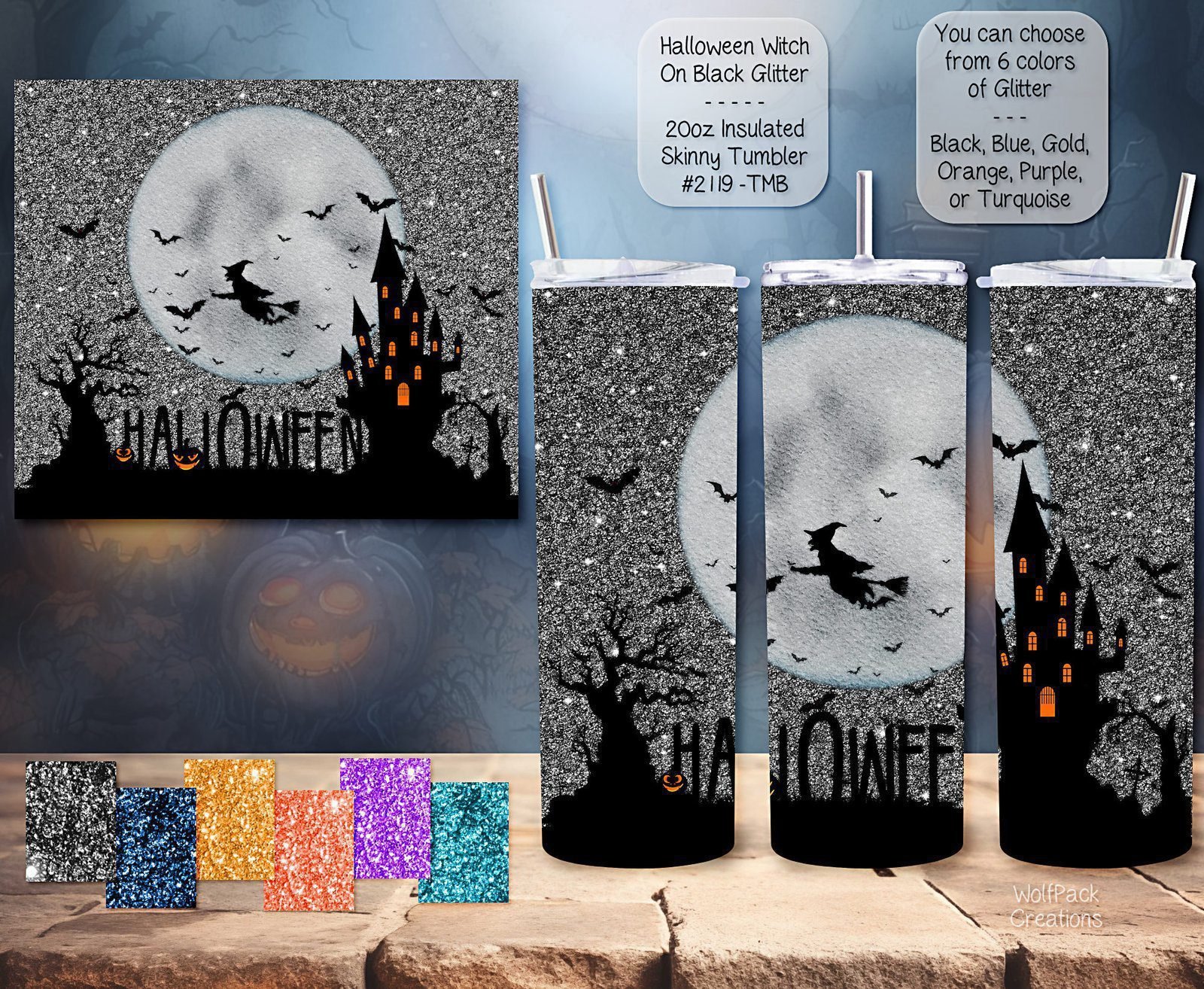 Enchanting 20-Ounce Insulated Stainless Steel Skinny Tumbler featuring a Witch on Glitter