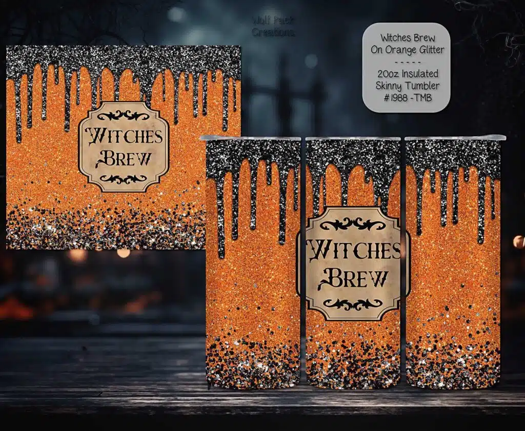 Beautiful Skinny Tumbler: Witch's Brew on Orange Glitter