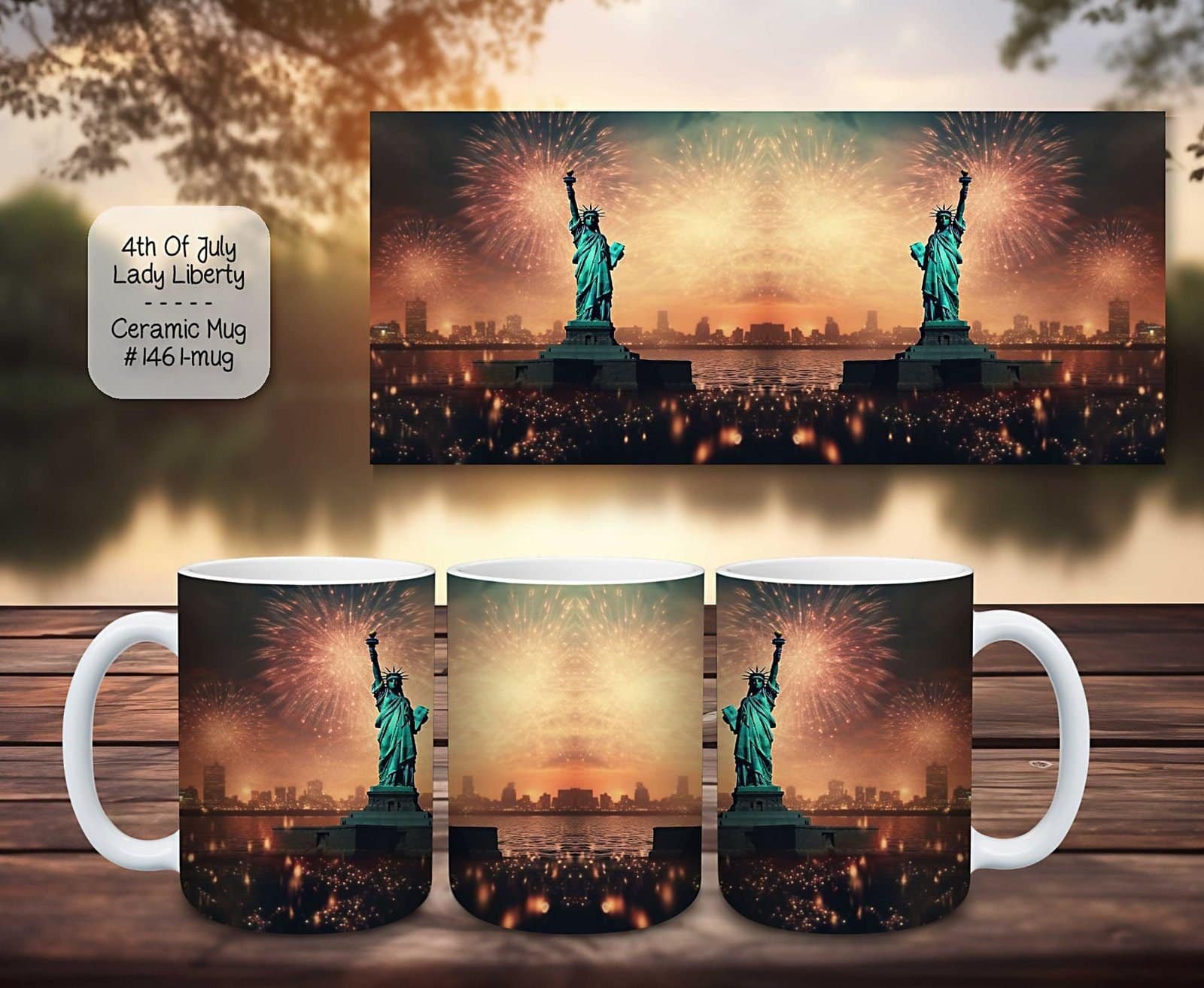 Beautiful Ceramic Mug: Fireworks & Lady Liberty