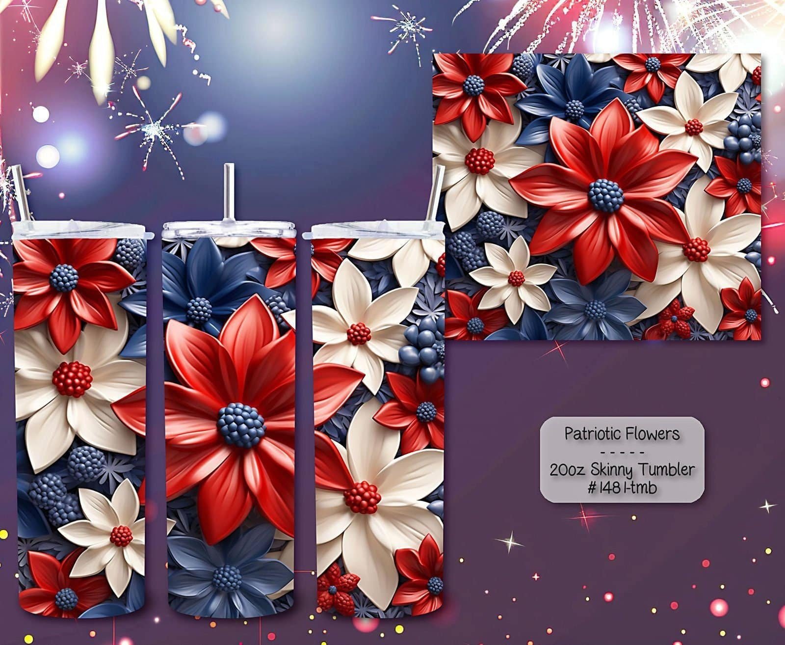 Beautiful Red, White & Blue Flowers on Skinny Tumbler