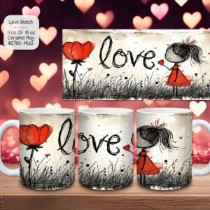 Ceramic Coffee Mug for Valentine's Day - "Love" Sketched Design