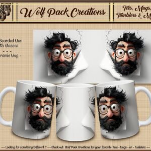 3D Bearded Man with Glasses Breaking Out of Ceramic Mug