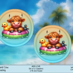 Highland Cow Car Coaster Set - Neoprene, 2.75, Summer Beach Vibe