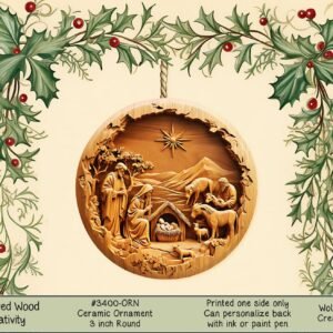 3 Ceramic Christmas Ornament - Nativity Scene with Carved Wood-Look