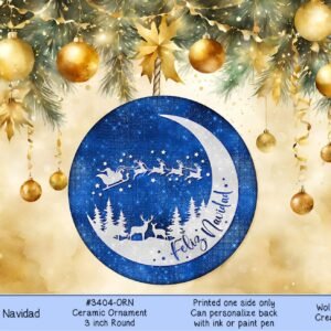 Feliz Navidad Ceramic Christmas Ornament 3 Round - Winter Sleigh & Reindeer