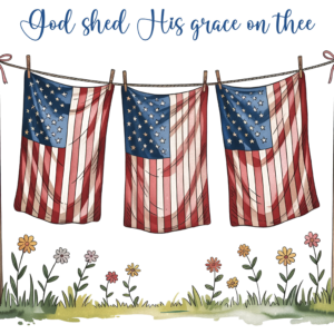 Decorative banner showing American flag bunting on a clothesline between wooden posts, with flowers below.