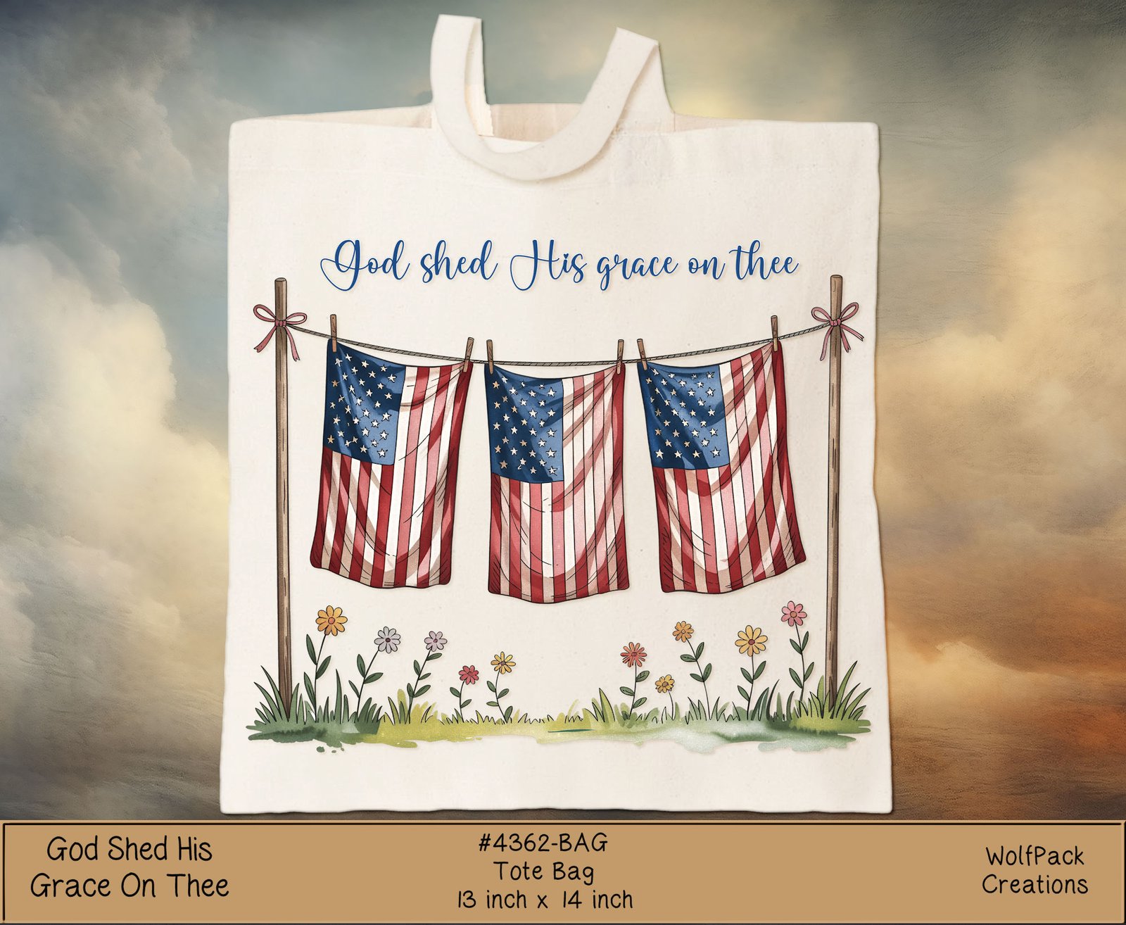 hpat-Bag-250th-GodShedHisGrace-4362-p White canvas tote bag featuring the blue script phrase “God shed His grace on Thee” and a row of American flag bunting with flowers below.