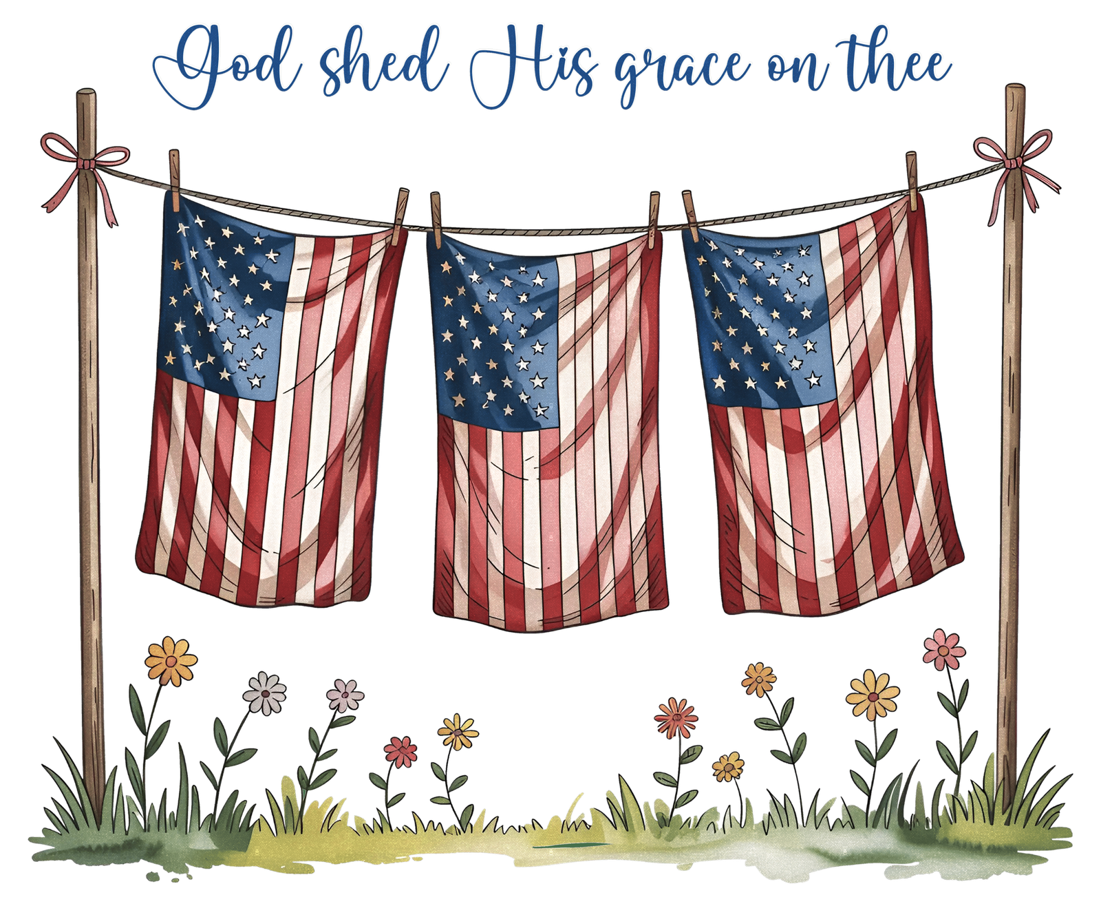 hpat-Bag-250th-GodShedHisGrace-4362 Decorative banner showing American flag bunting on a clothesline between wooden posts, with flowers below.