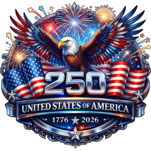 Patriotic illustration of a soaring eagle with red, white, and blue ribbons and fireworks, celebrating the United States' 250th anniversary (1776–2026).