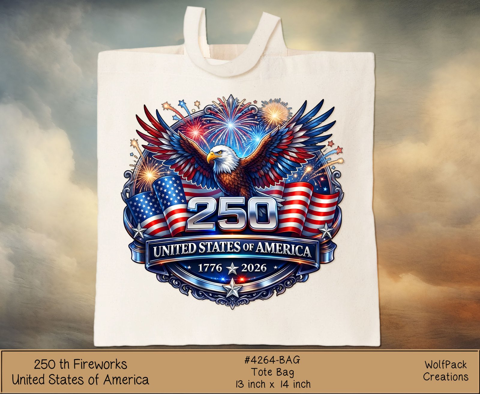 hpat-Bag-250thFireworks-4264-p White tote bag displaying a patriotic emblem with an eagle, fireworks, and US flag motifs to celebrate the United States’ 250th anniversary (1776–2026).
