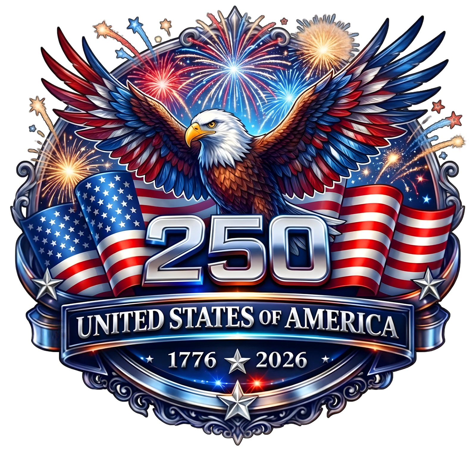 hpat-Bag-250thFireworks-4264 Patriotic illustration of a soaring eagle with red, white, and blue ribbons and fireworks, celebrating the United States' 250th anniversary (1776–2026).