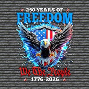 Patriotic banner celebrating 250 years of freedom, featuring a blue 3D 'FREEDOM' and an American eagle with a flag motif against a corrugated background.
