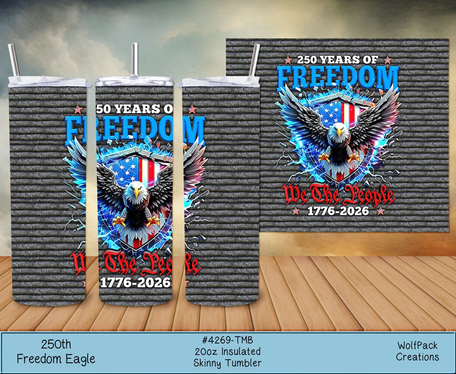 hpat-Tmb-250th-FreedomEagle-4269-p Patriotic banner featuring an American eagle crest and the phrase '250 years of Freedom' in blue on a corrugated metal background.