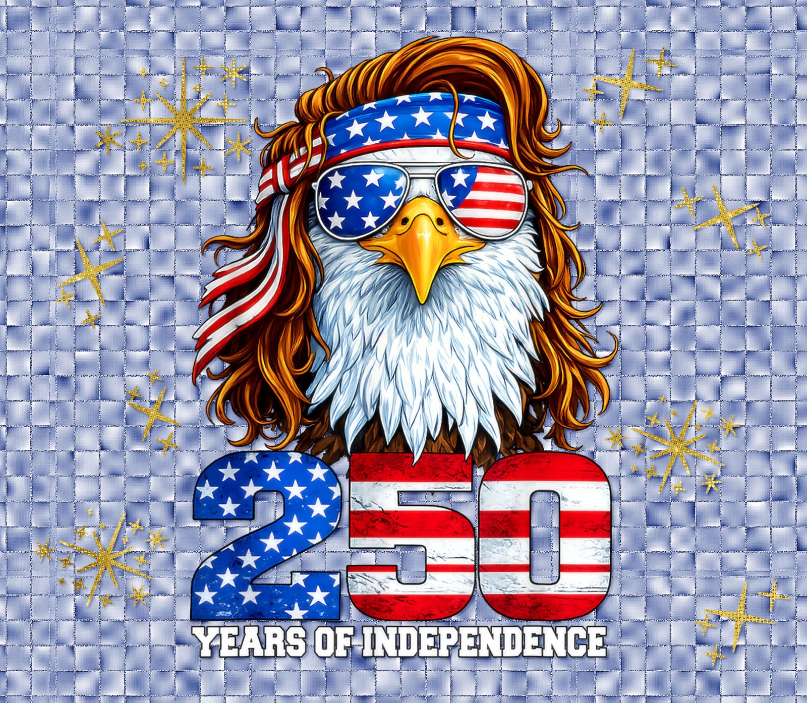 hpat-Tmb-250th-Independence-4271 Cartoon American eagle with star-spangled sunglasses and a bandana, over a patriotic '250 Years of Independence' banner on a blue patterned background.