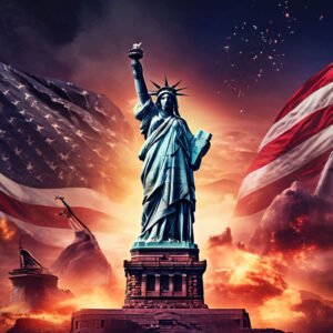 Statue of Liberty with raised torch, surrounded by large waving American flags at sunset on a dramatic sky.