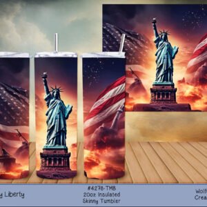 Three 20 oz insulated skinny tumblers with Lady Liberty artwork, featuring the Statue of Liberty and American flag against a sunset.