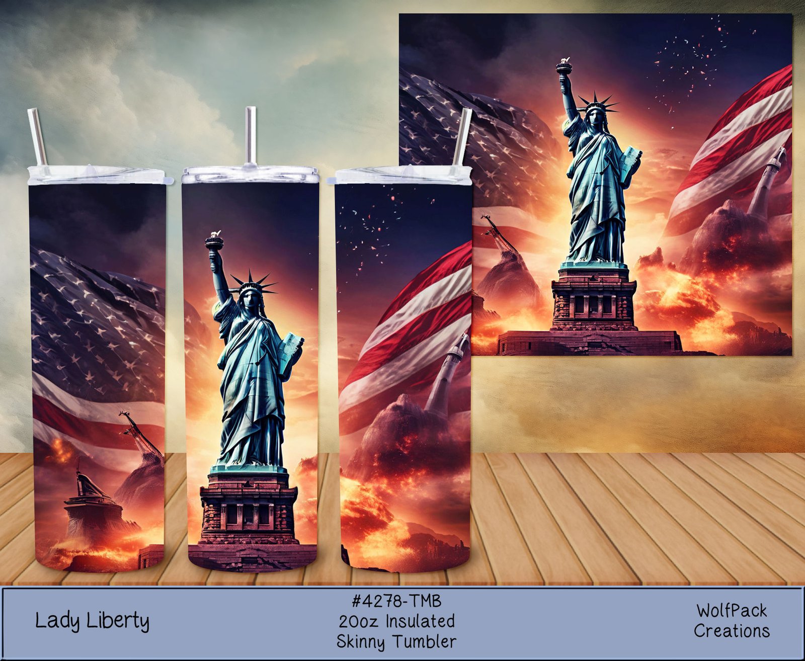 hpat-Tmb-LadyLiberty-4278-p Three 20 oz insulated skinny tumblers with Lady Liberty artwork, featuring the Statue of Liberty and American flag against a sunset.