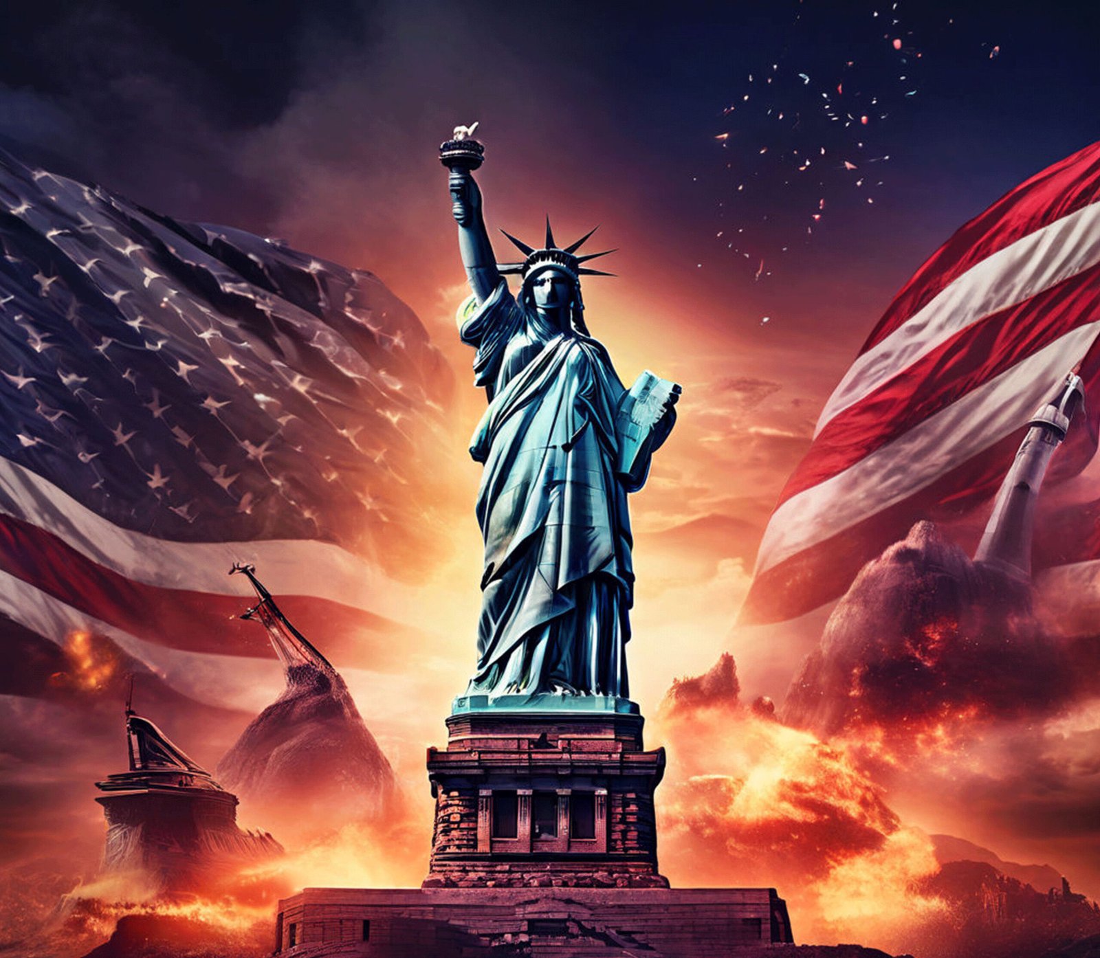 hpat-Tmb-LadyLiberty-4278 Statue of Liberty with raised torch, surrounded by large waving American flags at sunset on a dramatic sky.