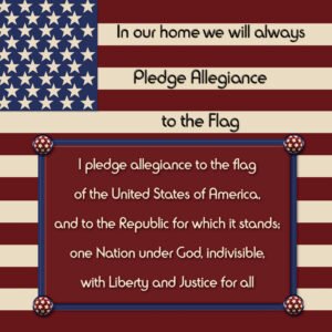Banner-style graphic showing the US flag's stripes and stars with the Pledge of Allegiance text displayed across the stripes.