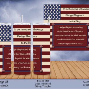 Patriotic collage of red, white, and blue striped banners with stars and the Pledge of Allegiance text against a blue sky backdrop.
