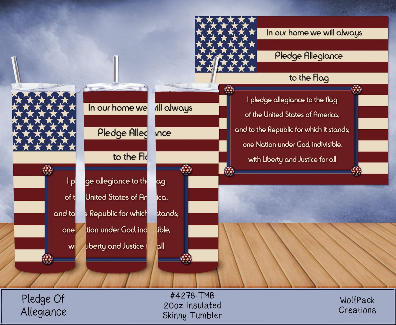 hpat-Tmb-PledgeOfAllegiance-4278-p Patriotic collage of red, white, and blue striped banners with stars and the Pledge of Allegiance text against a blue sky backdrop.
