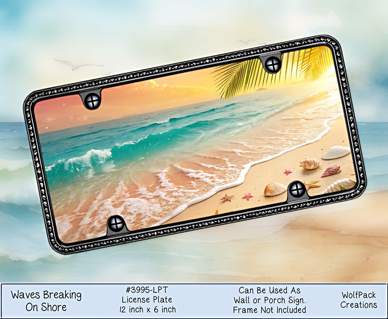 Waves breaking on shore License Plate